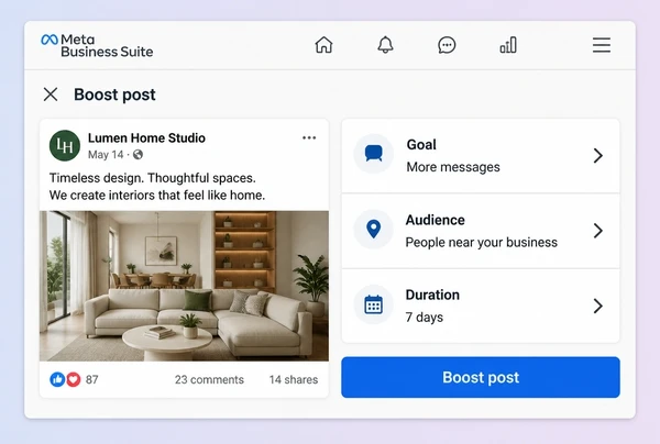 A Meta Business Suite boost panel setting goal, audience and duration for an interior design studio post