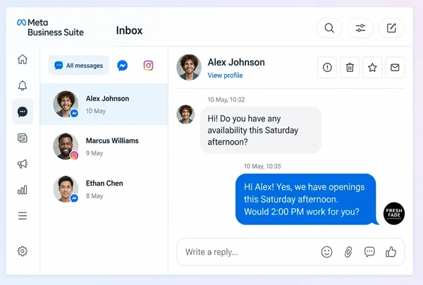 A Meta Business Suite Inbox with a barber shop customer question and an agreed reply