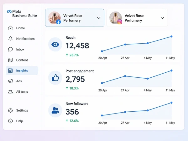 A Meta Business Suite Insights screen showing reach and engagement for a perfumery