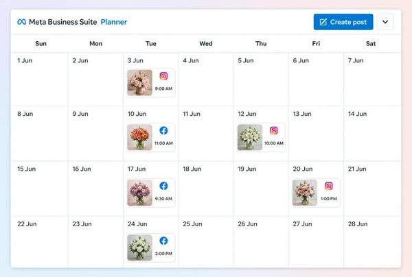 A Meta Business Suite Planner month with six scheduled posts for a florist