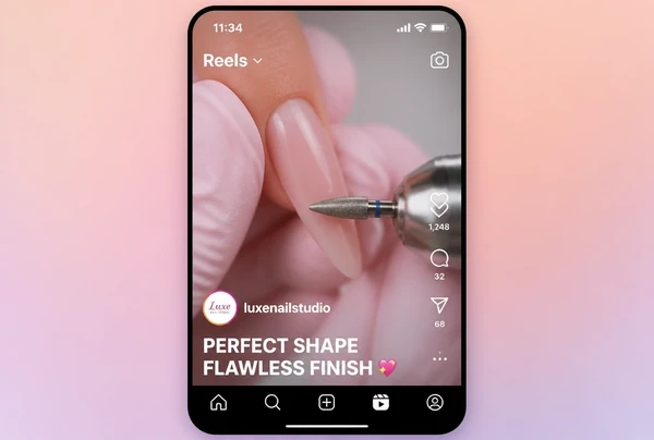 A nail studio Reel playing in Instagram with two lines of burned in captions