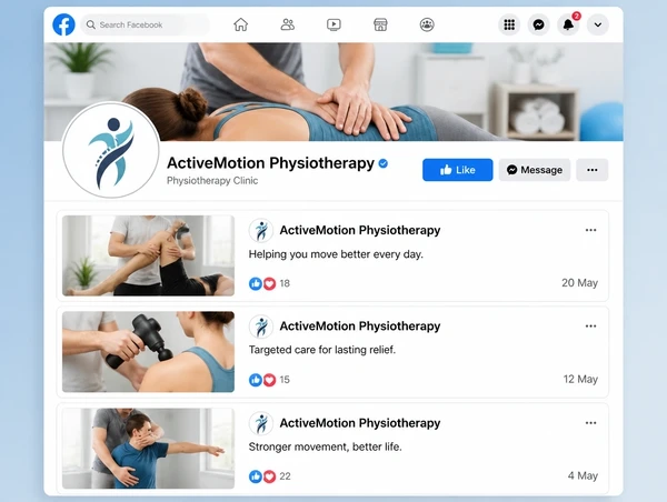 A physiotherapy practice Facebook Page timeline with three recent posts and a cover photograph
