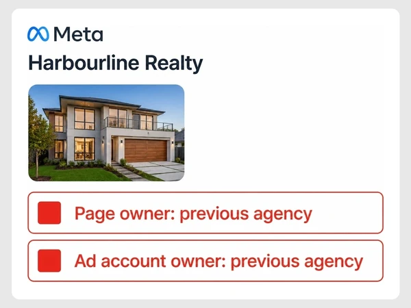 Harbourline Realty shows its Facebook page and ad account both owned by a previous agency.