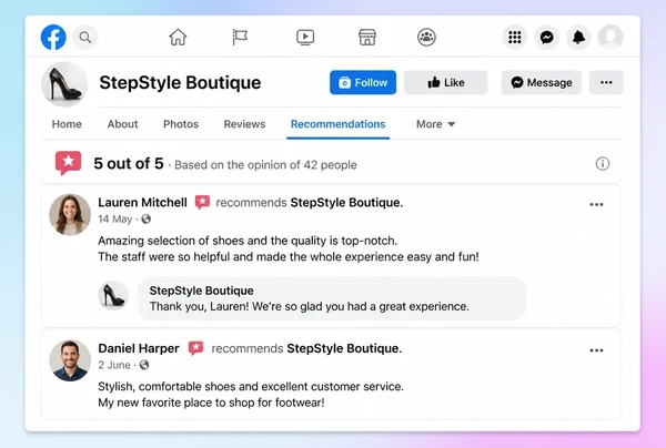 Two recommendations on a shoe boutique Facebook Page, one with a reply from the business