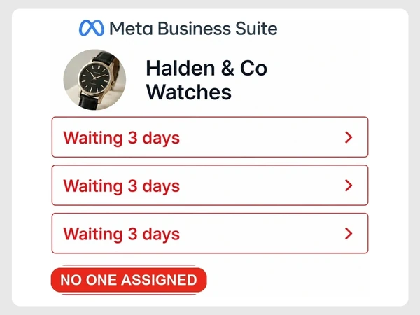 Halden & Co Watches shows three Meta inbox messages waiting three days with nobody assigned.
