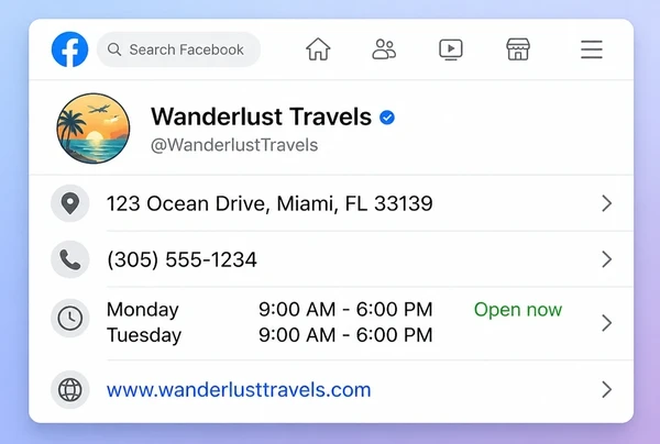 The About section of a travel Facebook Page showing address, phone, hours and link