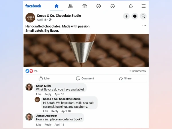 A chocolate maker Facebook post with two customer questions and a reply from the Page