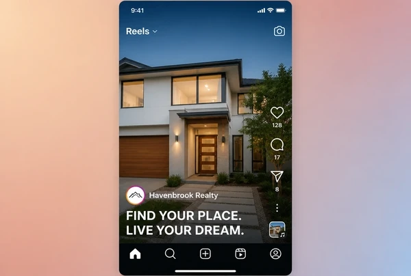 A real estate Reel playing in Instagram with two lines of burned in captions