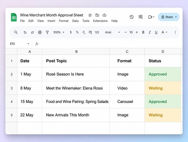 A Google Sheets approval list of four planned wine merchant posts with status cells