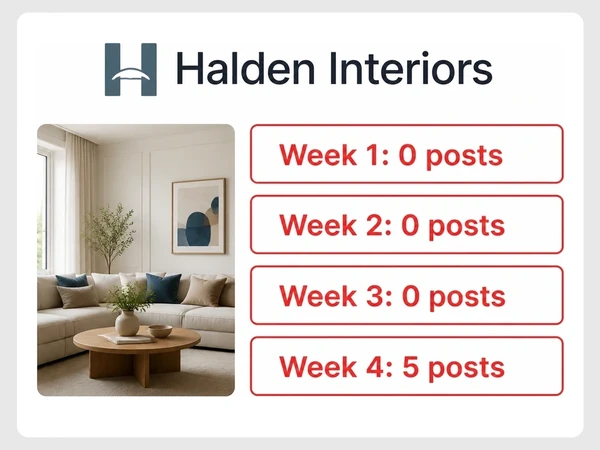 Halden Interiors shows zero posts for three weeks followed by five posts in week four.