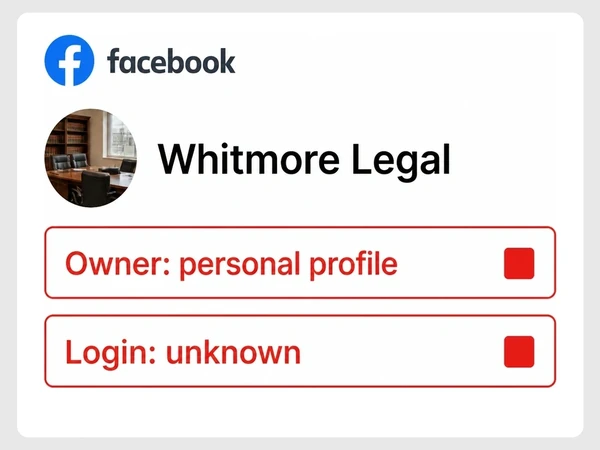Whitmore Legal shows its Facebook page owner as a personal profile and its login as unknown.