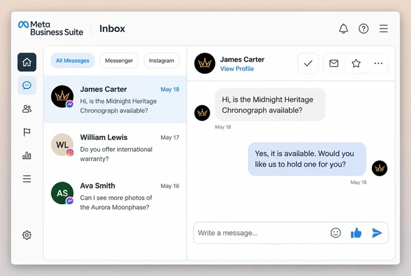 A Meta Business Suite Inbox with a luxury watches customer question and an agreed reply