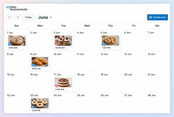 A Meta Business Suite Planner month with six scheduled posts for an artisan bakery