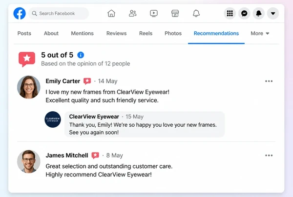Two recommendations on an eyewear brand Facebook Page, one with a reply from the business