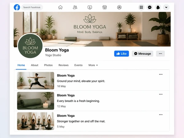 A yoga studio Facebook Page timeline with three recent posts and a cover photograph