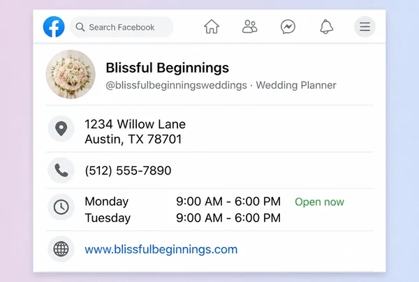 The About section of a wedding planner Facebook Page showing address, phone, hours and link