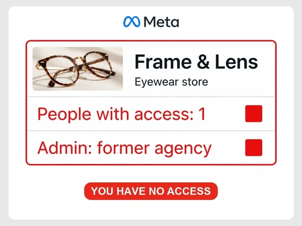 Frame & Lens shows one person with Meta access and a former agency as administrator.