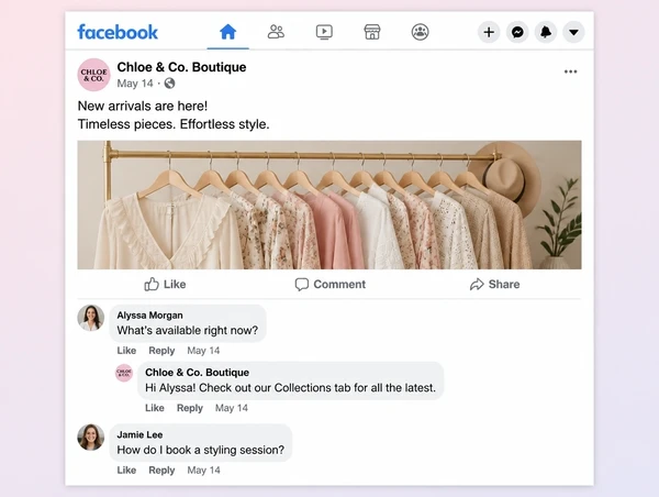 A fashion boutique Facebook post with two customer questions and a reply from the Page