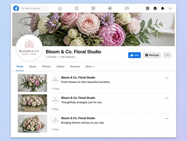 A florist Facebook Page timeline with three recent posts and a cover photograph
