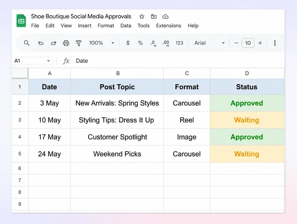 A Google Sheets approval list of four planned shoe boutique posts with status cells