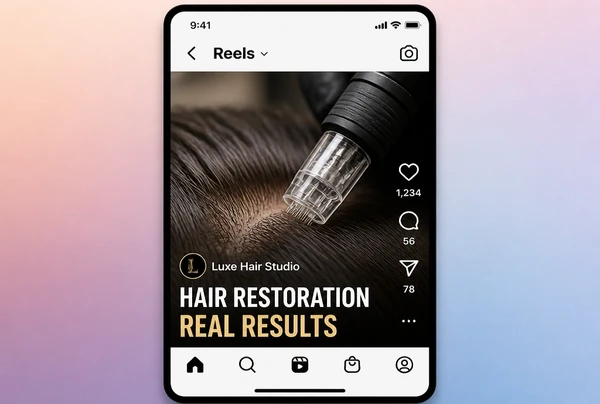 A hair salon Reel playing in Instagram with two lines of burned in captions