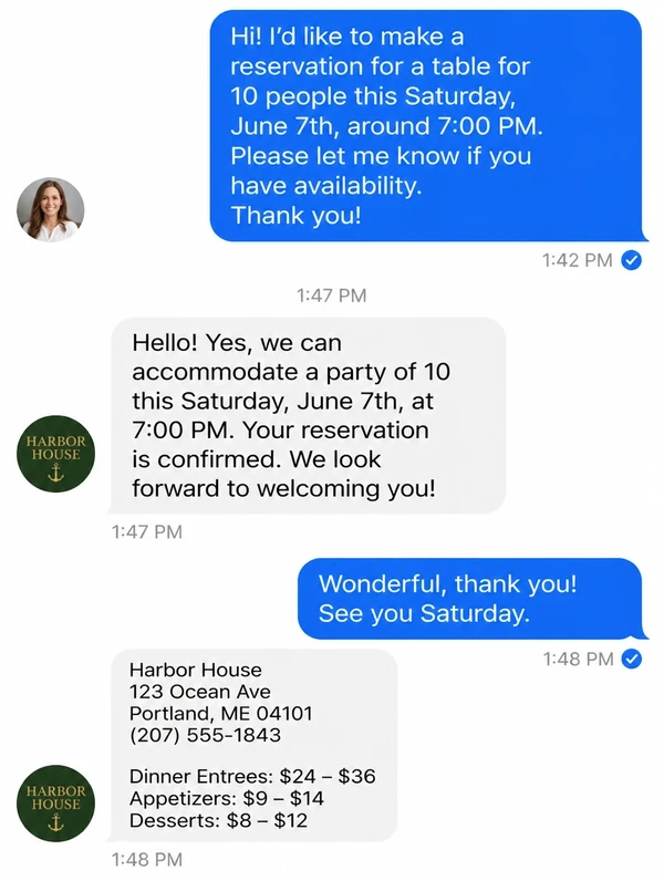 A Messenger thread where a diner asks for a Saturday table and the restaurant confirms it minutes later.