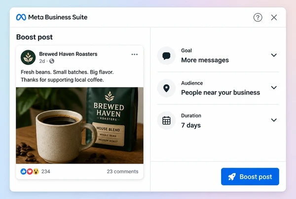 A Meta Business Suite boost panel setting goal, audience and duration for a coffee roastery post