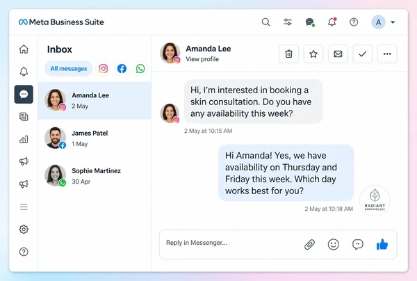 A Meta Business Suite Inbox with a dermatology clinic customer question and an agreed reply