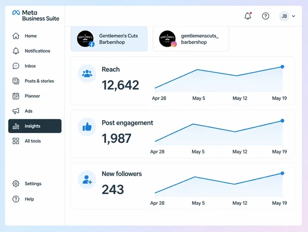 A Meta Business Suite Insights screen showing reach and engagement for a barber shop