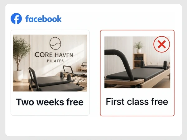 Core Haven Pilates shows a Two weeks free Facebook ad beside a pinned post offering one free class.