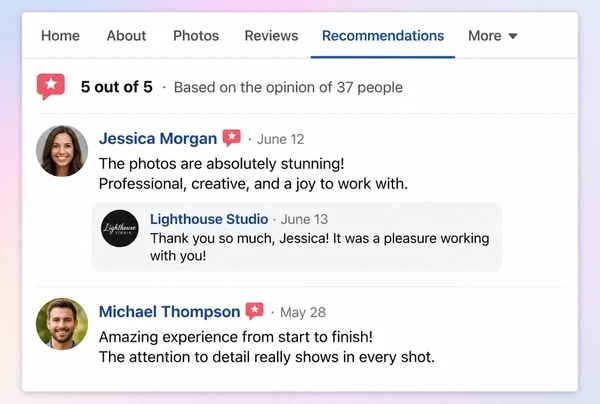 Two recommendations on a photography studio Facebook Page, one with a reply from the business