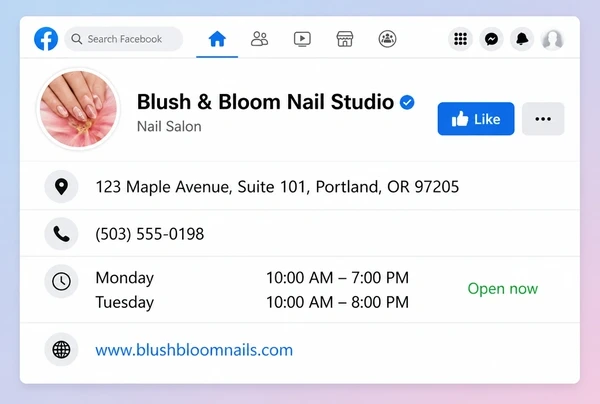 The About section of a nail studio Facebook Page showing address, phone, hours and link