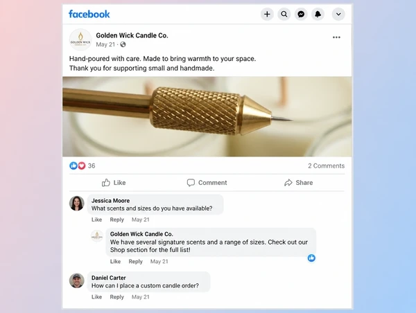 A candle maker Facebook post with two customer questions and a reply from the Page