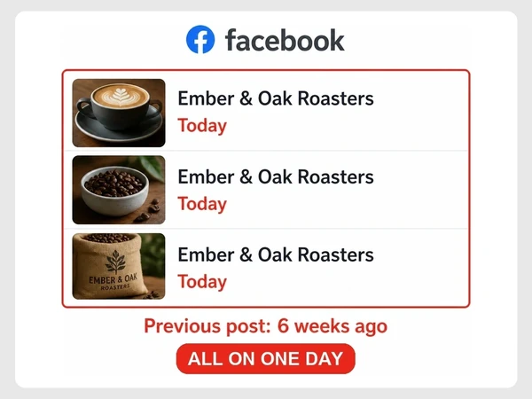 Ember & Oak Roasters shows three Facebook posts dated Today after a six-week posting gap.