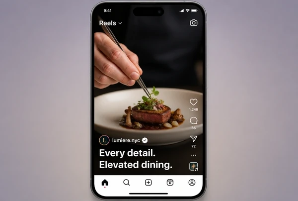 A fine dining restaurant Reel playing in Instagram with two lines of burned in captions