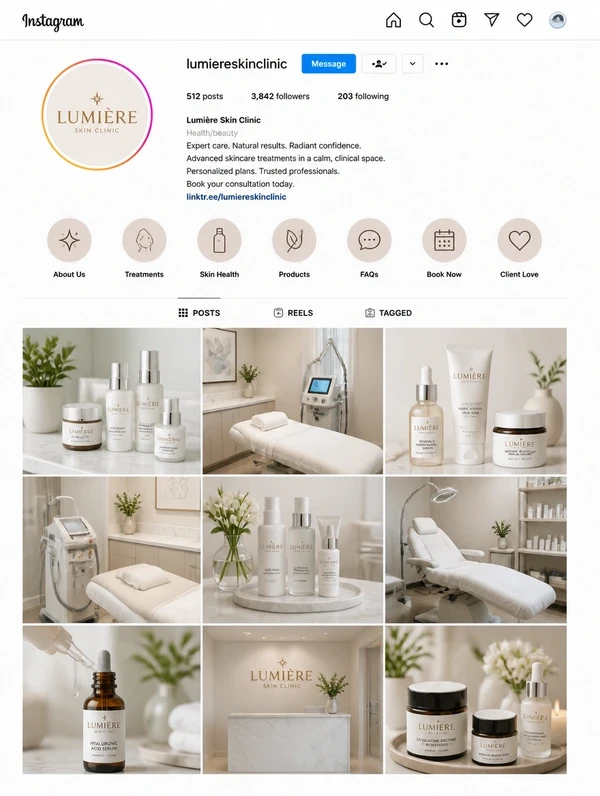An Instagram business profile for a skincare clinic with a consistent grid of posts