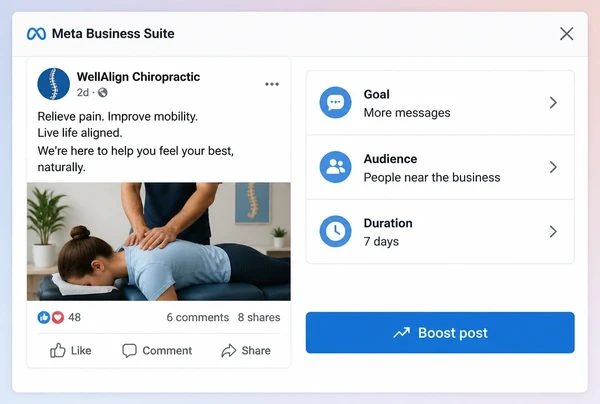 A Meta Business Suite boost panel setting goal, audience and duration for a chiropractic clinic post