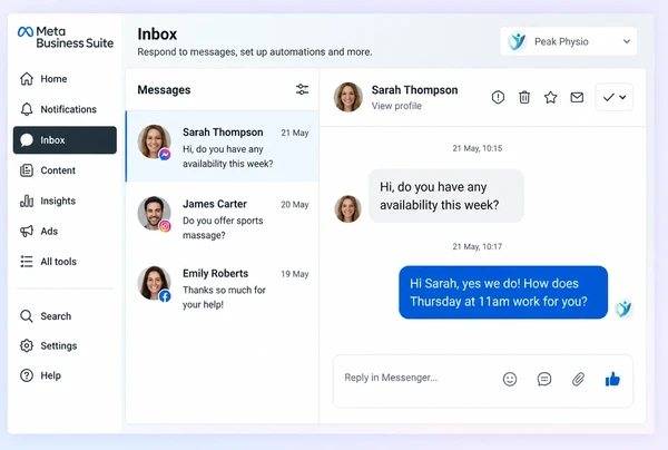 A Meta Business Suite Inbox with a physiotherapy practice customer question and an agreed reply