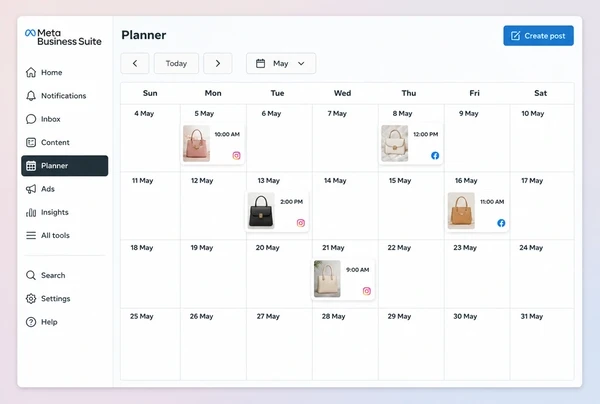 A Meta Business Suite Planner month with six scheduled posts for a handbag brand