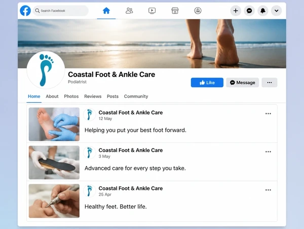 A podiatry practice Facebook Page timeline with three recent posts and a cover photograph