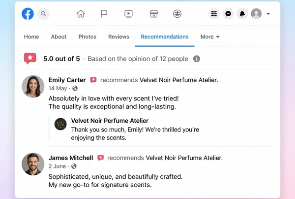Two recommendations on a perfumery Facebook Page, one with a reply from the business