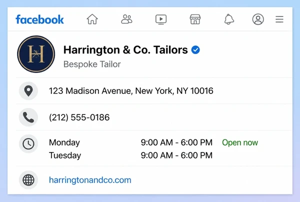 The About section of a bespoke tailor Facebook Page showing address, phone, hours and link