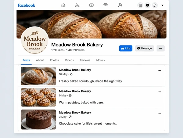An artisan bakery Facebook Page timeline with three recent posts and a cover photograph