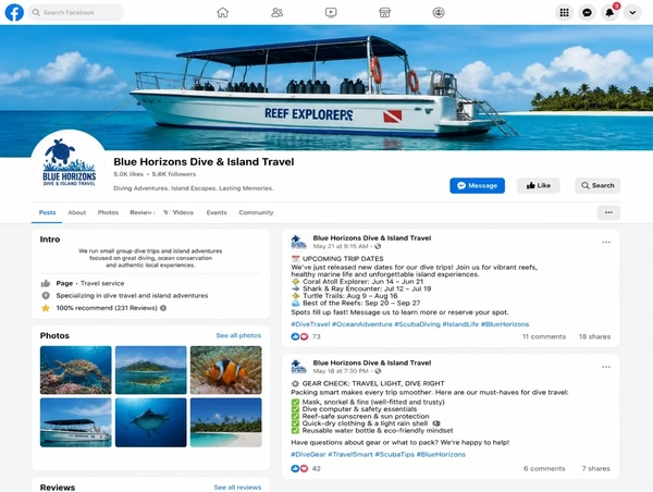 A Facebook business page for a dive and island travel operator with recent trip posts and a Message button