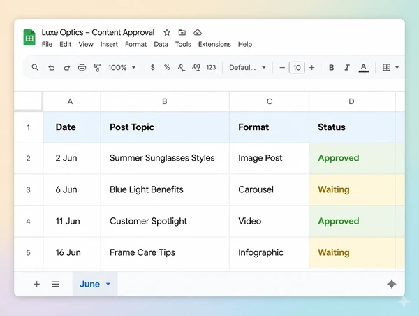 A Google Sheets approval list of four planned eyewear brand posts with status cells