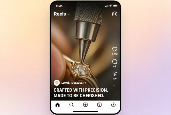 A jewellery boutique Reel playing in Instagram with two lines of burned in captions