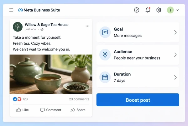 A Meta Business Suite boost panel setting goal, audience and duration for a tea house post