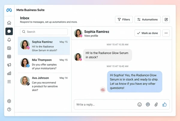 A Meta Business Suite Inbox with a skincare brand customer question and an agreed reply