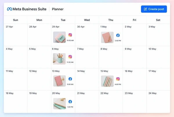 A Meta Business Suite Planner month with six scheduled posts for a stationery brand