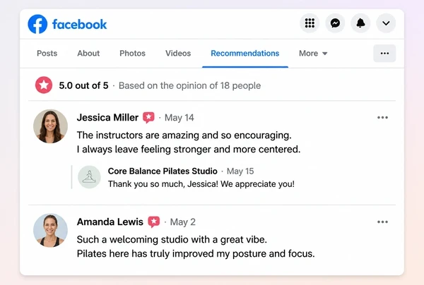 Two recommendations on a pilates studio Facebook Page, one with a reply from the business